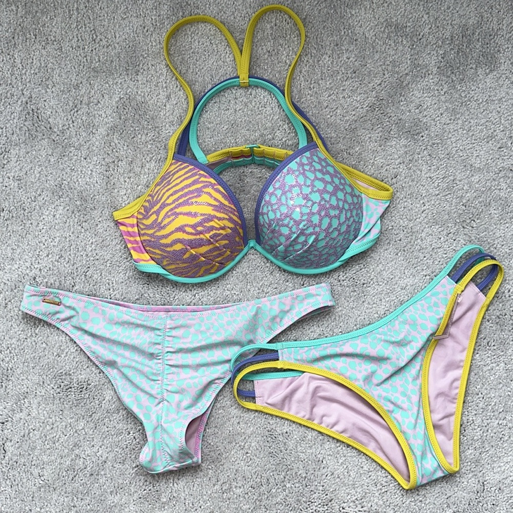 Victoria Serect Fabulous Beach Sexy Pastel 80s Leopard Zebra Sequin Bikini 36C/M